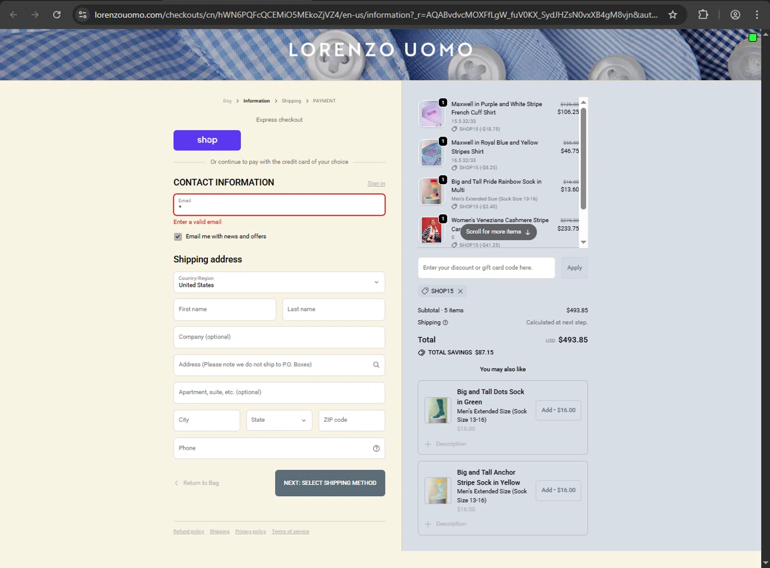 Lorenzo Uomo discount code screenshot showing code shop15 applied at Lorenzo Uomo checkout page. Uploaded by SimplyCodes community member RayliMC on Dec 14, 2025