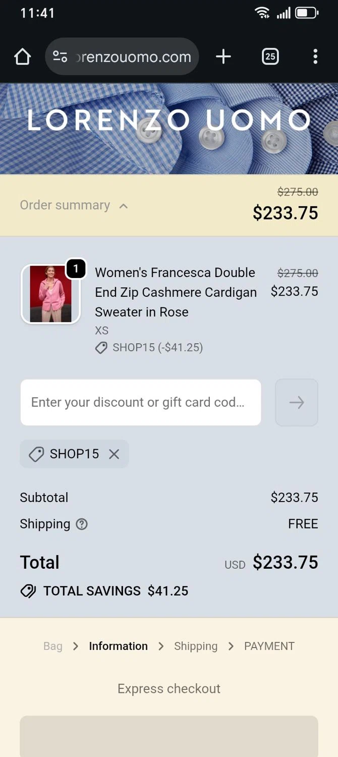 Lorenzo Uomo discount code screenshot showing code shop15 applied at Lorenzo Uomo checkout page. Uploaded by SimplyCodes community member franksanchez on Oct 5, 2025