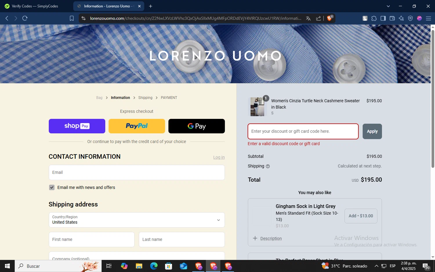 Lorenzo Uomo discount code screenshot showing code CASHMERE20 applied at Lorenzo Uomo checkout page. Uploaded by SimplyCodes community member TokenSaver1205 on Apr 4, 2025