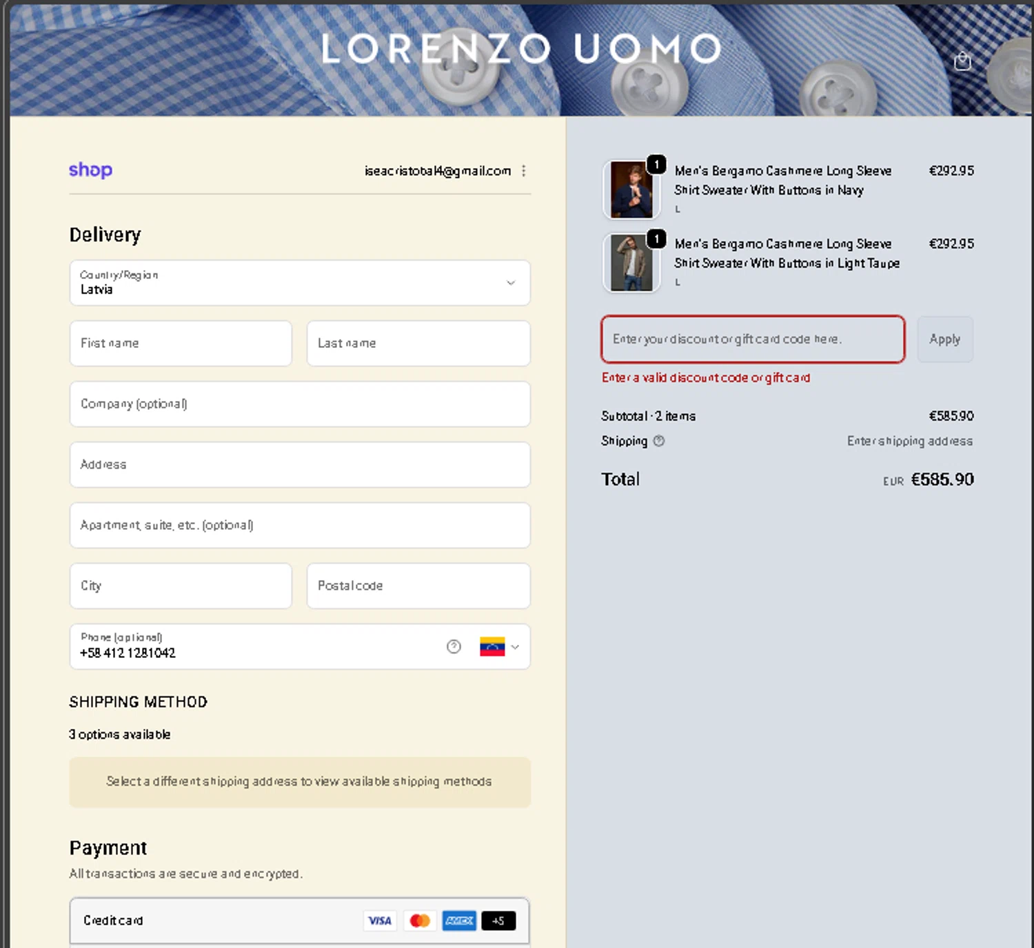 Lorenzo Uomo discount code screenshot showing code NEWYEAR20 applied at Lorenzo Uomo checkout page. Uploaded by SimplyCodes community member kaneky on Jan 10, 2026