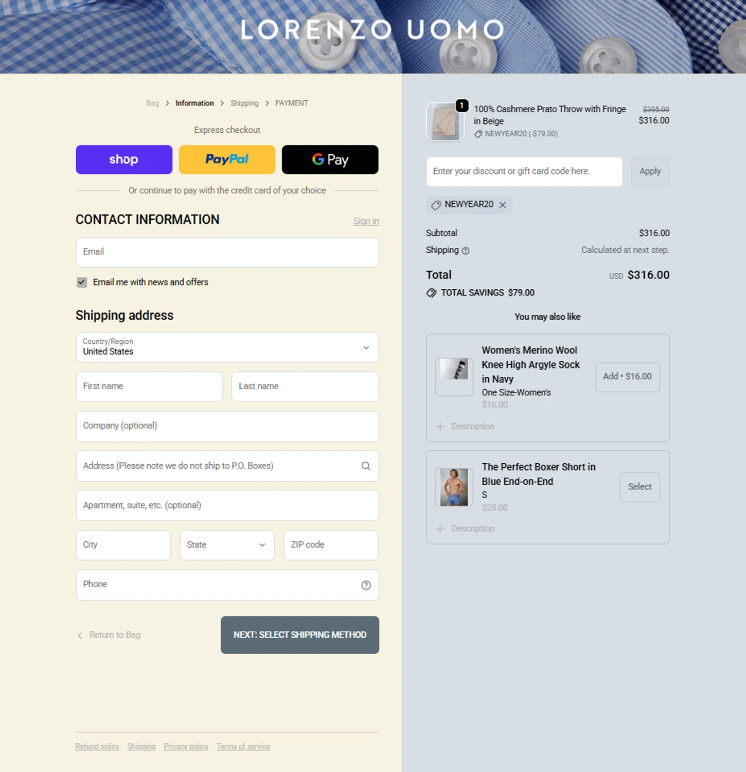 Lorenzo Uomo discount code screenshot showing code NEWYEAR20 applied at Lorenzo Uomo checkout page. Uploaded by SimplyCodes community member reggiesmith on Jan 2, 2026