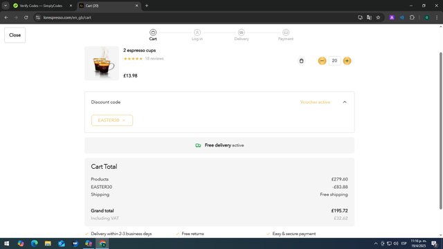 L'OR Espresso checkout page showing L'OR Espresso promo code box | Screenshot taken by SimplyCodes community member on Apr 20, 2025