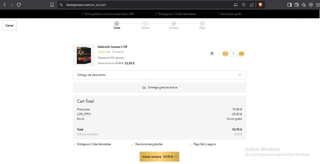 L'OR Espresso checkout page showing L'OR Espresso promo code box | Screenshot taken by SimplyCodes community member on May 2, 2025