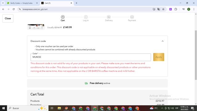 L'OR Espresso checkout page showing L'OR Espresso promo code box | Screenshot taken by SimplyCodes community member on Mar 28, 2025
