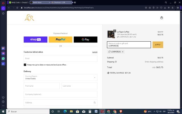 L'OR Espresso checkout page showing L'OR Espresso promo code box | Screenshot taken by SimplyCodes community member on Mar 26, 2025