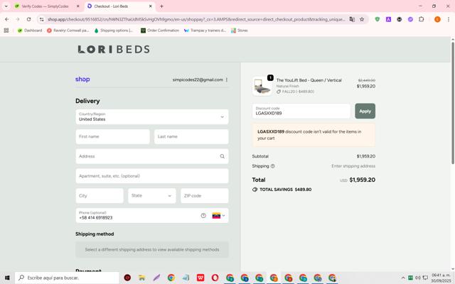 Lori Beds checkout page showing Lori Beds discount code box | Screenshot taken by SimplyCodes community member on Sep 30, 2025
