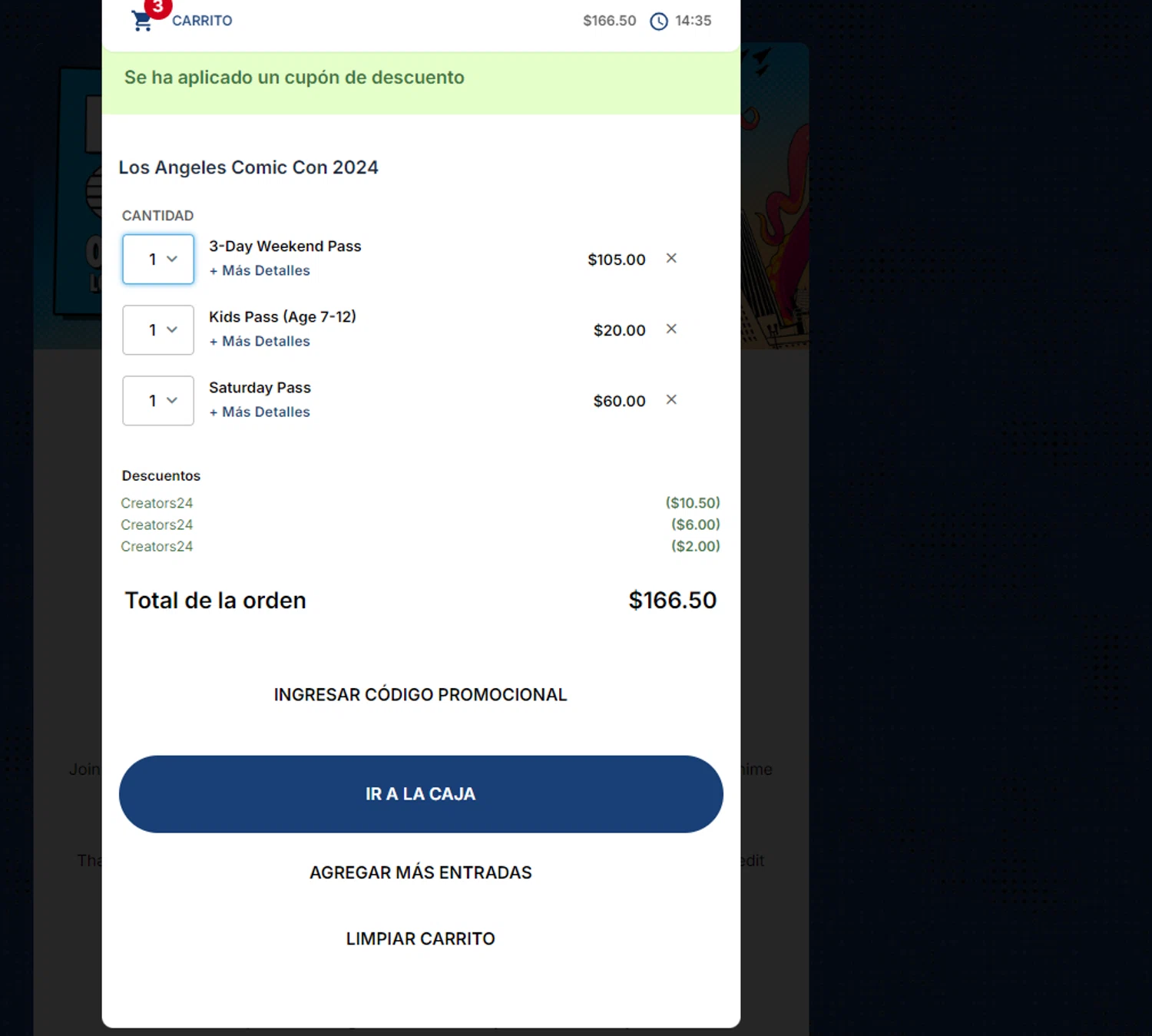 Los Angeles Comic Con checkout page showing Los Angeles Comic Con promo code box | Screenshot taken by SimplyCodes community member on Sep 3, 2024