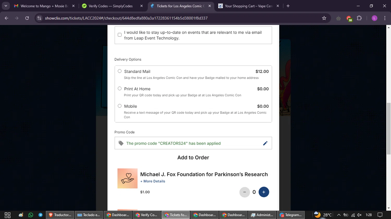 Los Angeles Comic Con checkout page showing Los Angeles Comic Con promo code box | Screenshot taken by SimplyCodes community member on Aug 5, 2024