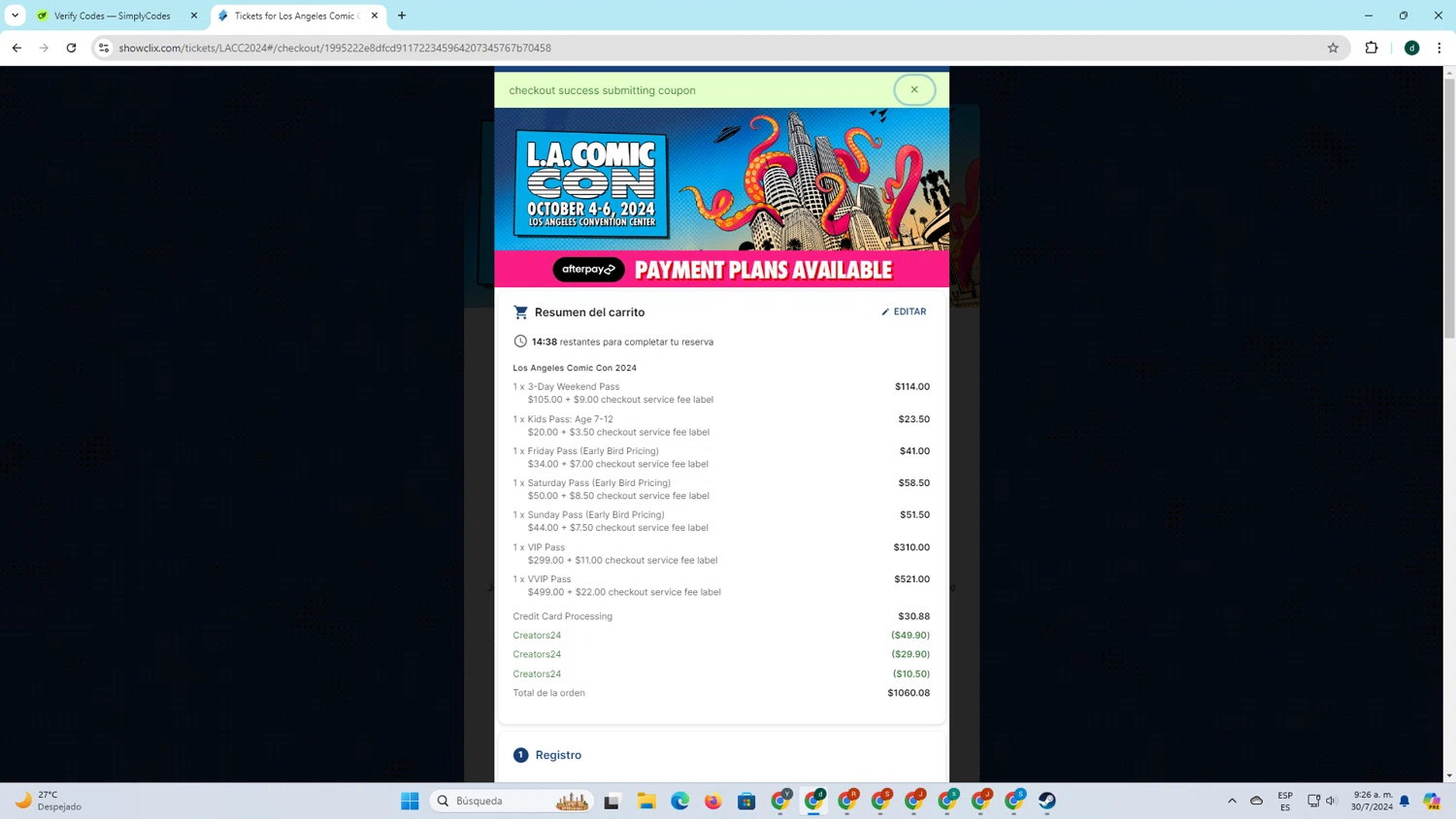 Los Angeles Comic Con checkout page showing Los Angeles Comic Con promo code box | Screenshot taken by SimplyCodes community member on Jul 30, 2024