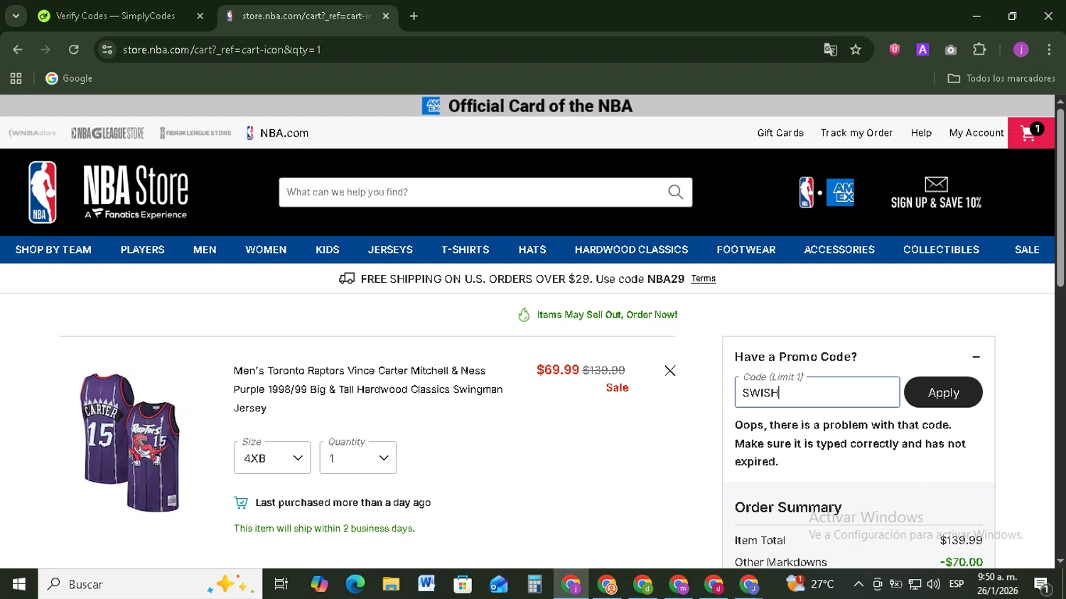 Los Angeles Lakers promo code screenshot showing code SWISH applied at Los Angeles Lakers checkout page. Uploaded by SimplyCodes community member Tazbravo on Jan 26, 2026