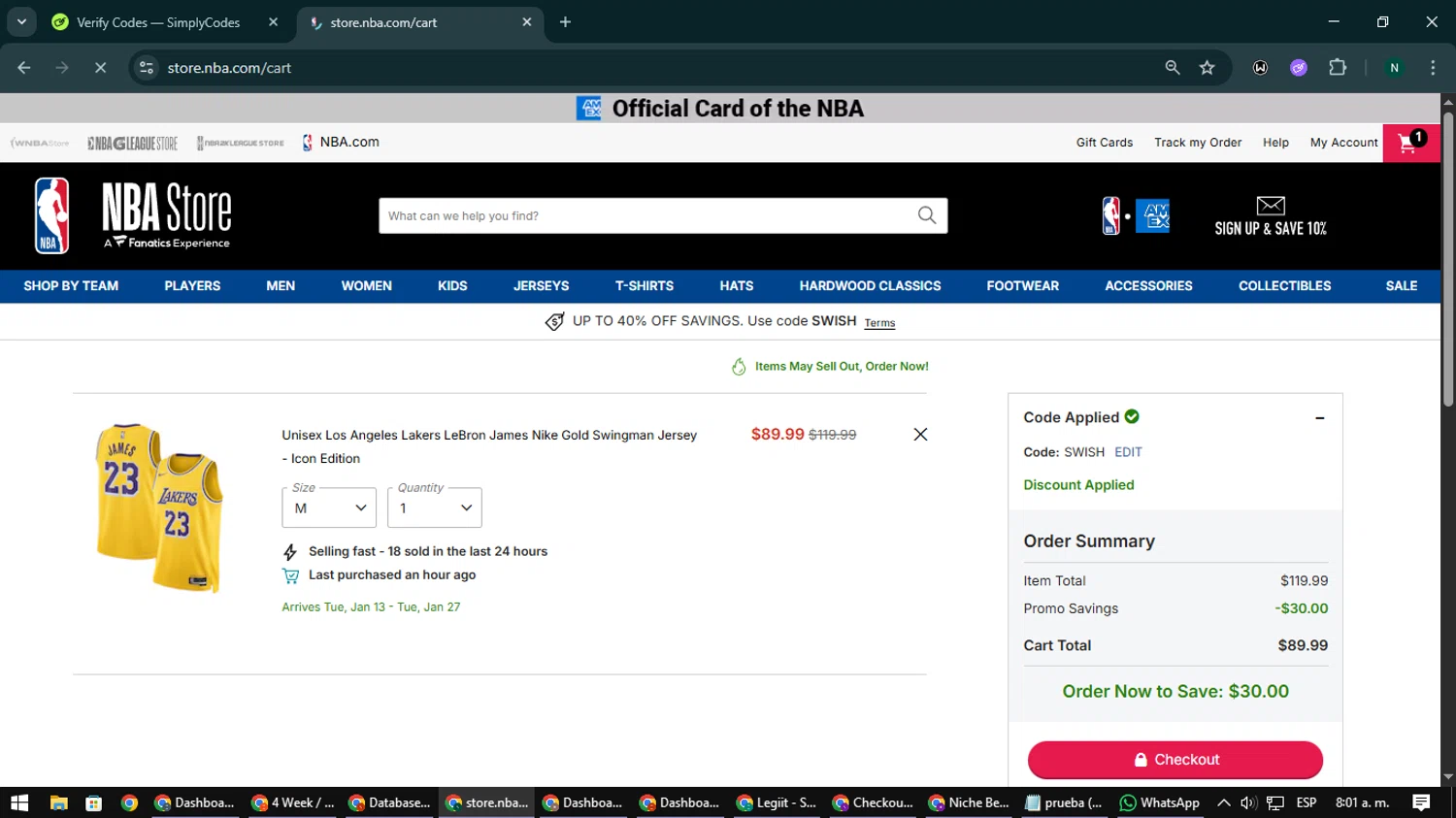 Los Angeles Lakers promo code screenshot showing code SWISH applied at Los Angeles Lakers checkout page. Uploaded by SimplyCodes community member nataaokiiii on Dec 28, 2025