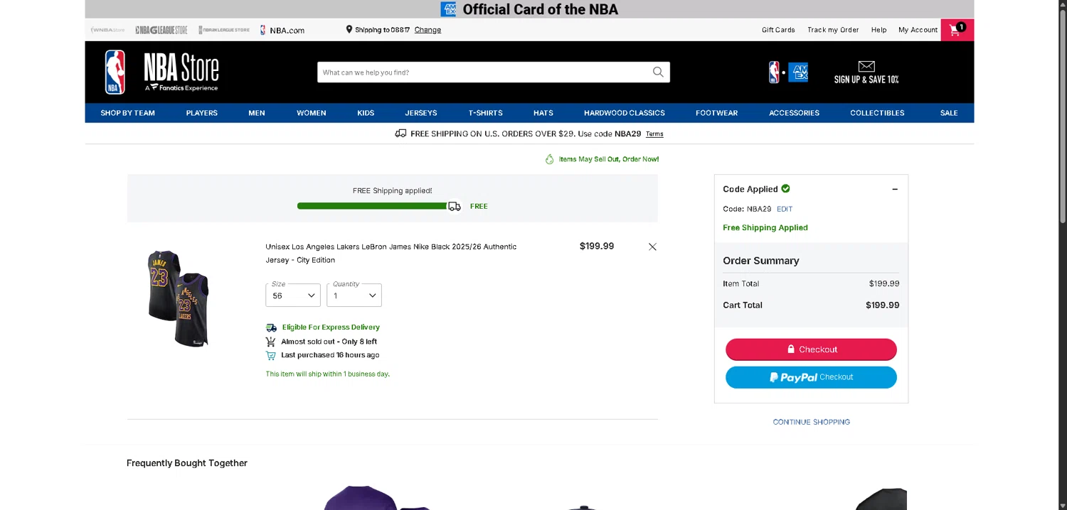 Los Angeles Lakers checkout page showing Los Angeles Lakers promo code box | Screenshot taken by SimplyCodes community member on Jan 31, 2026