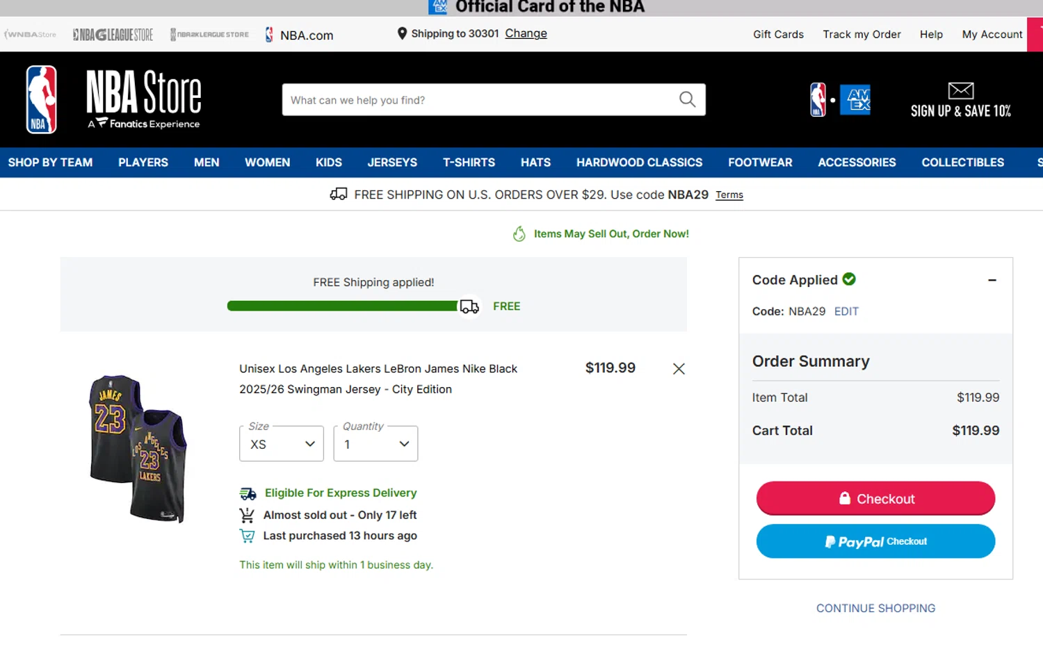 Los Angeles Lakers checkout page showing Los Angeles Lakers promo code box | Screenshot taken by SimplyCodes community member on Jan 31, 2026