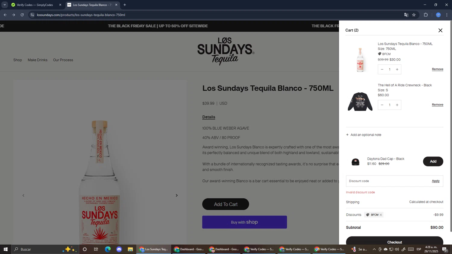 Los Sundays discount code screenshot showing code THISCODEREALLYWORKS applied at Los Sundays checkout page. Uploaded by SimplyCodes community member RoyalExpert3857 on Nov 29, 2025