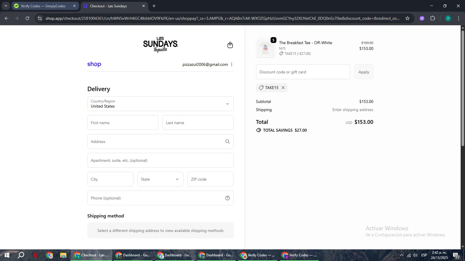Los Sundays checkout page showing Los Sundays discount code box | Screenshot taken by SimplyCodes community member on Nov 24, 2025