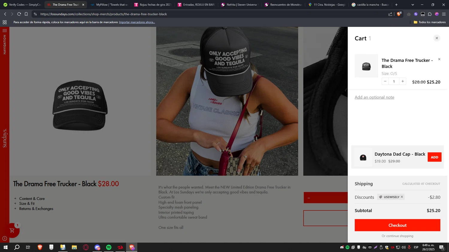 Los Sundays discount code screenshot showing code USEWISELY applied at Los Sundays checkout page. Uploaded by SimplyCodes community member CoinHawk6938 on Feb 26, 2025
