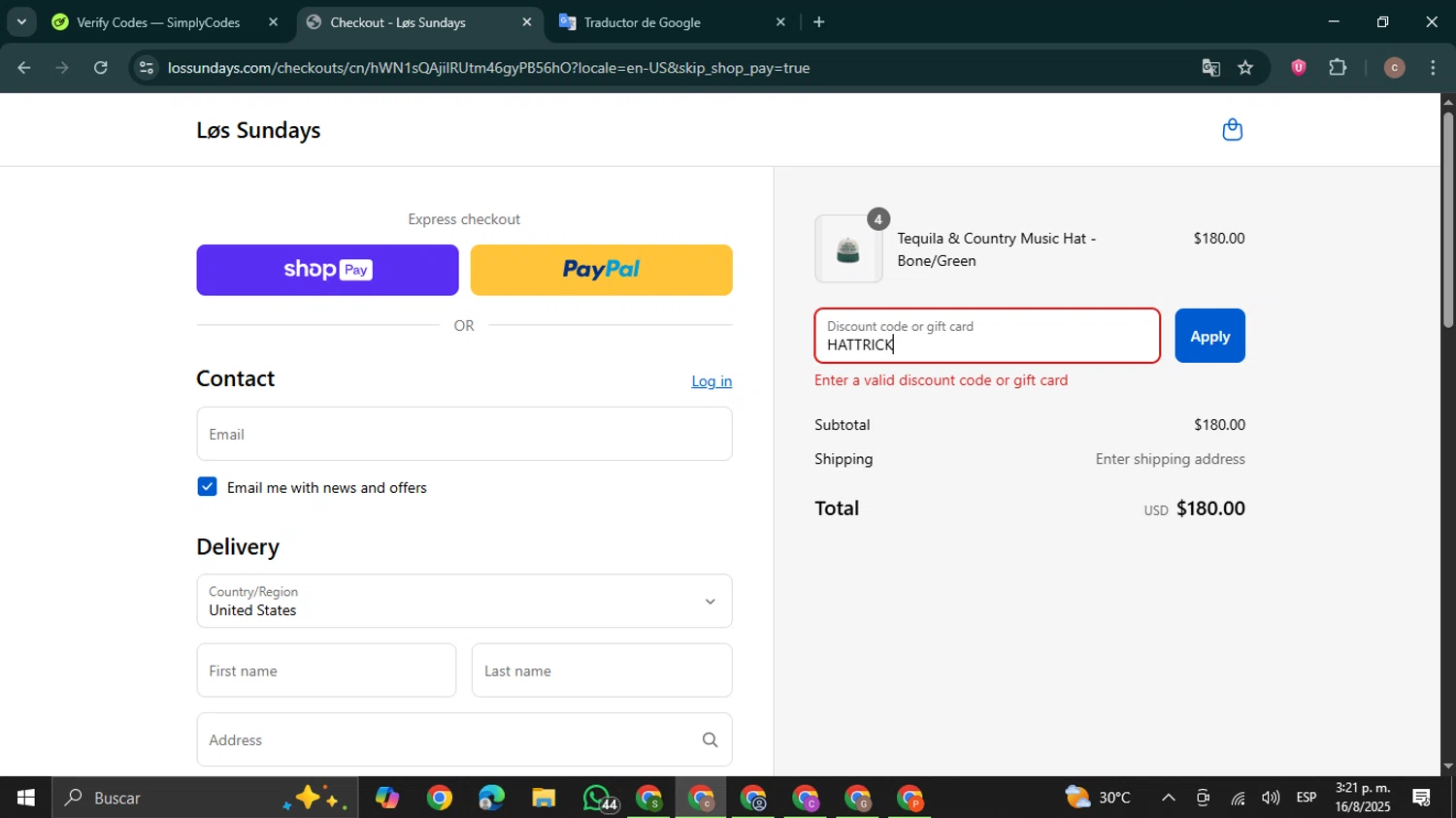 Los Sundays discount code screenshot showing code HATTRICK applied at Los Sundays checkout page. Uploaded by SimplyCodes community member NobleExpert6497 on Aug 16, 2025