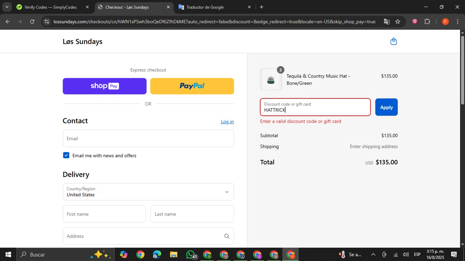 Los Sundays discount code screenshot showing code HATTRICK applied at Los Sundays checkout page. Uploaded by SimplyCodes community member VictoriousCaptain2658 on Aug 16, 2025