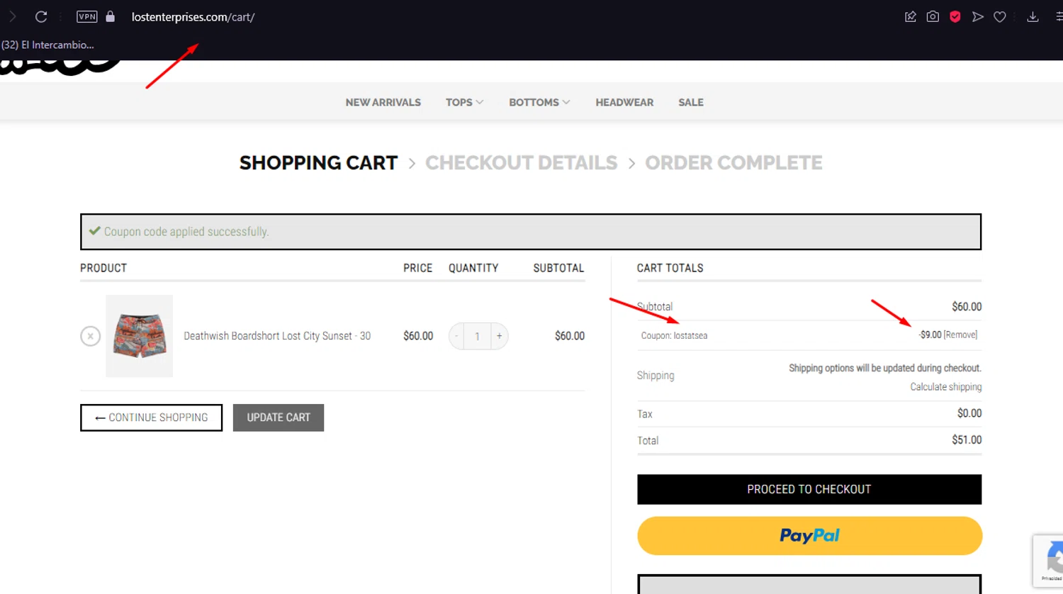 Lost Enterprises checkout page showing Lost Enterprises coupon code box | Screenshot taken by SimplyCodes community member on May 7, 2024