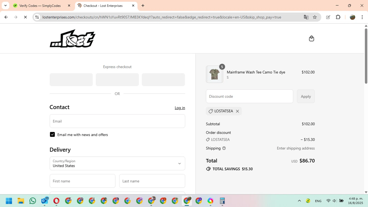 Lost Enterprises coupon code screenshot showing code LOSTATSEA applied at Lost Enterprises checkout page. Uploaded by SimplyCodes community member FundoEsperanza on Aug 16, 2025