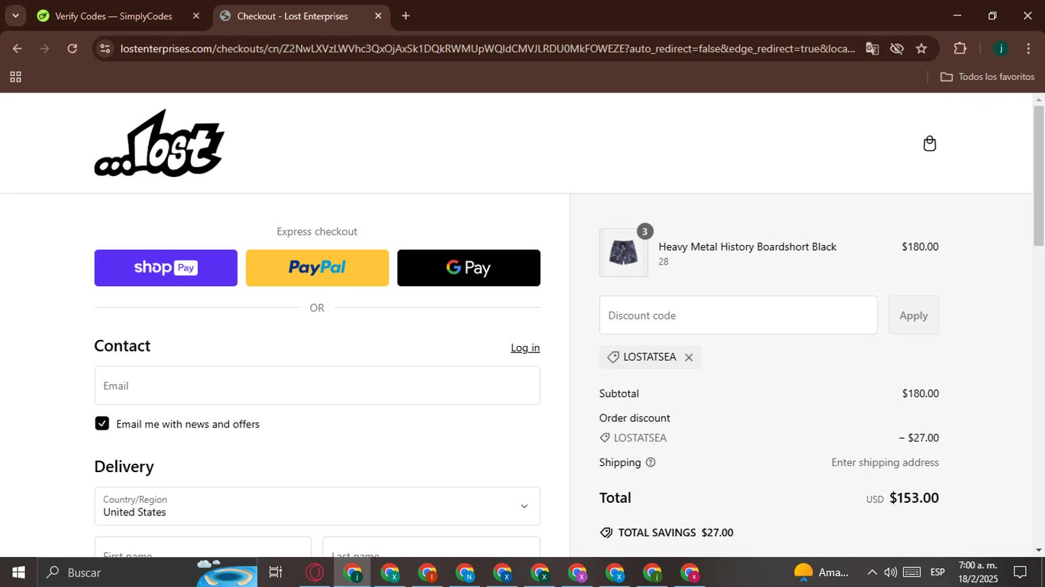 Lost Enterprises coupon code screenshot showing code LOSTATSEA applied at Lost Enterprises checkout page. Uploaded by SimplyCodes community member BargainHunter8488 on Feb 18, 2025