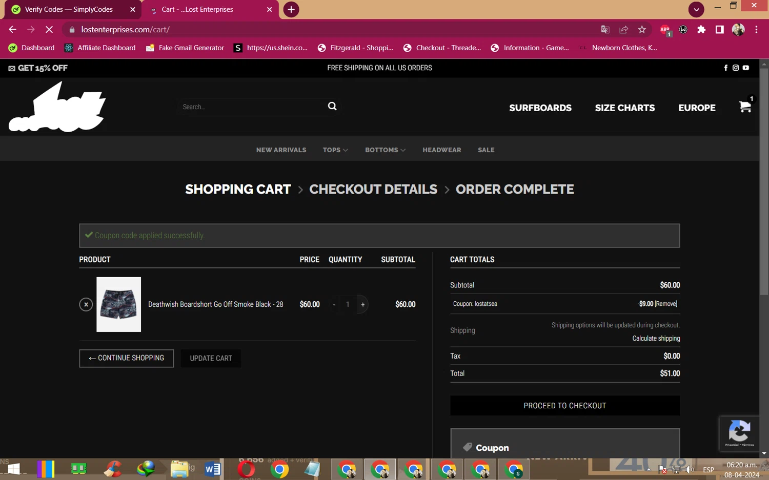 Lost Enterprises checkout page showing Lost Enterprises coupon code box | Screenshot taken by SimplyCodes community member on Apr 8, 2024