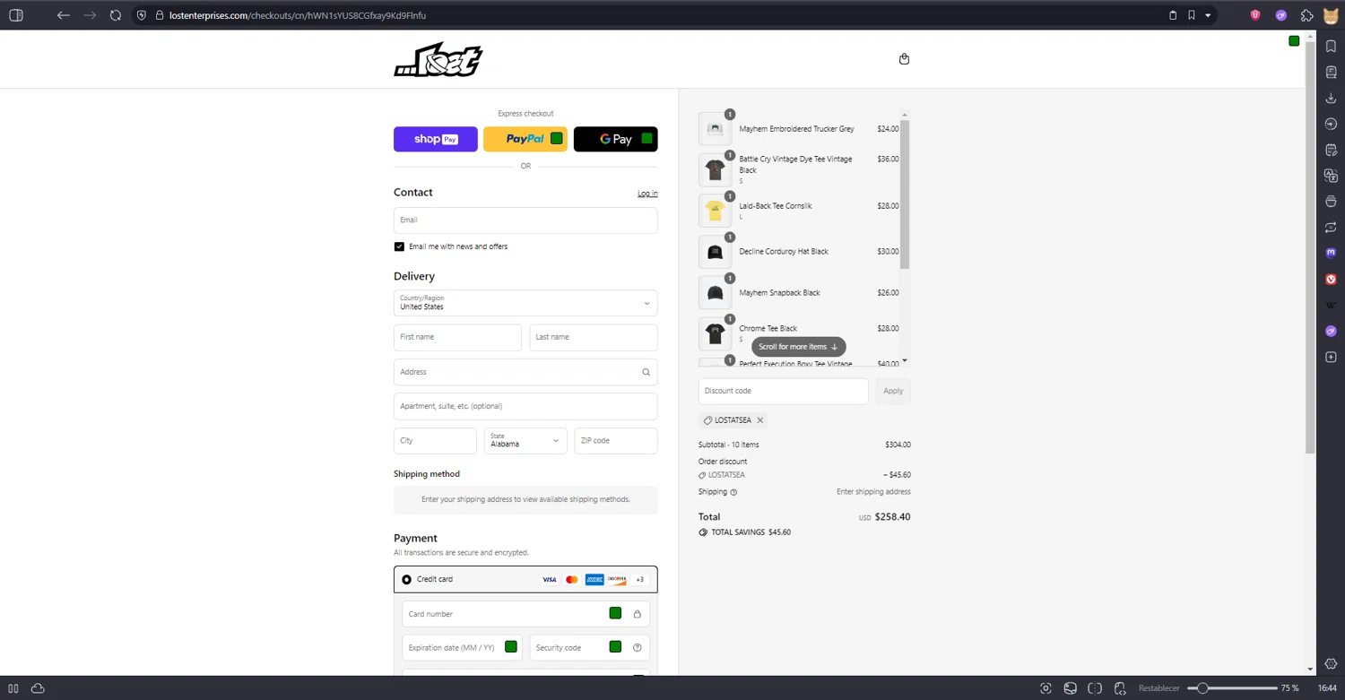 Lost Enterprises coupon code screenshot showing code LOSTATSEA applied at Lost Enterprises checkout page. Uploaded by SimplyCodes community member kaiser2 on Aug 16, 2025
