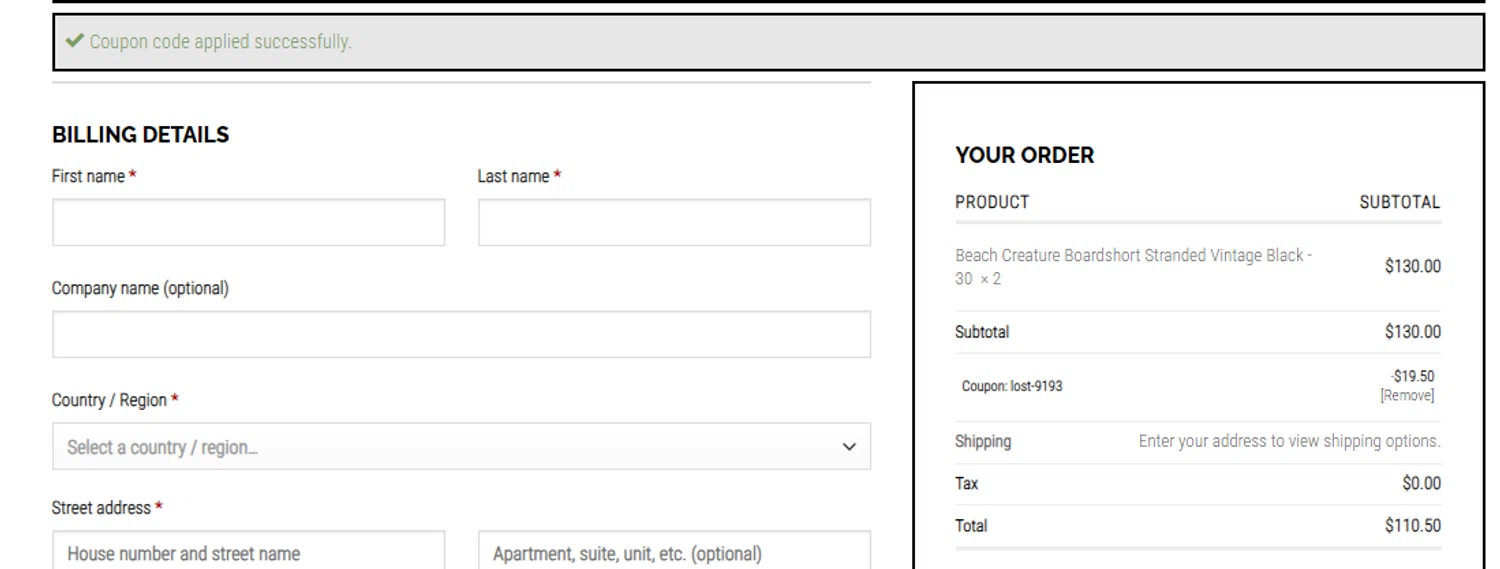 Lost Enterprises checkout page showing Lost Enterprises coupon code box | Screenshot taken by SimplyCodes community member on Jun 8, 2024