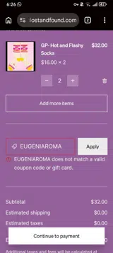 EUGENIAROMA coupon verification screenshot