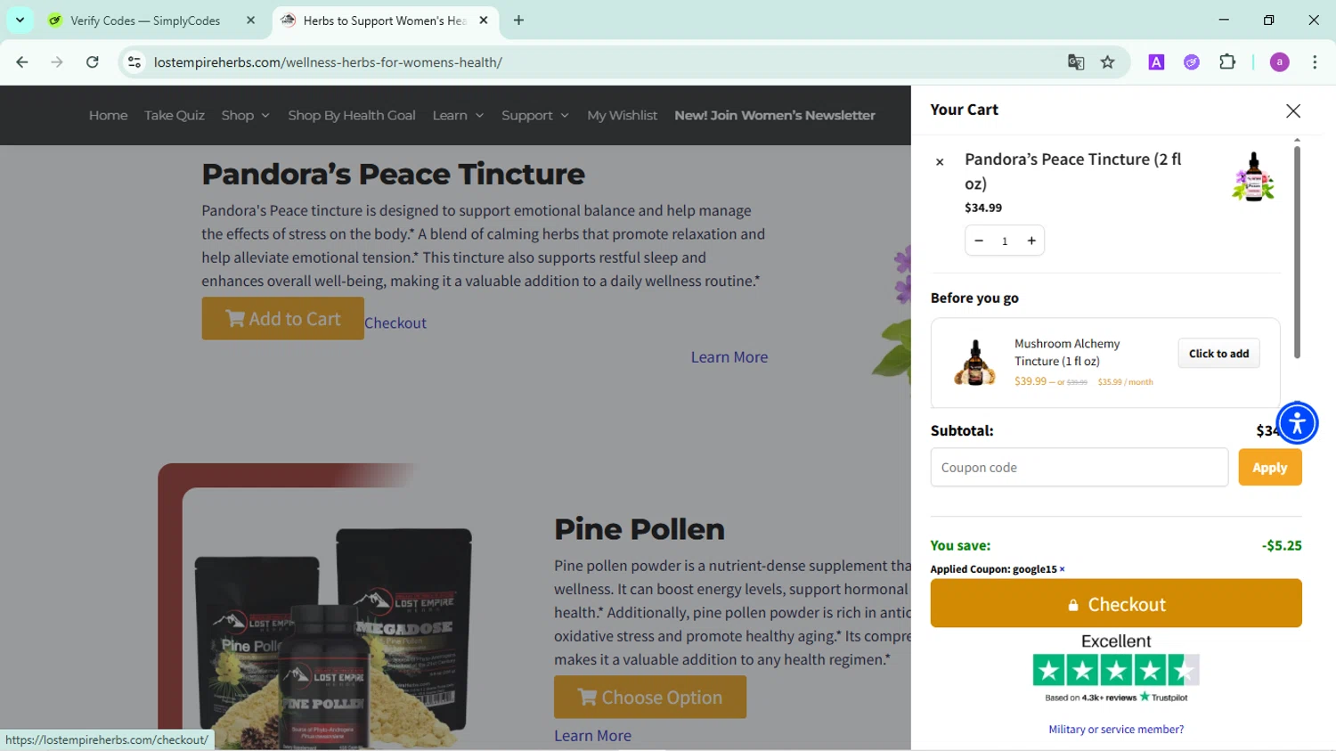 Lost Empire Herbs coupon code screenshot showing code GOOGLE15 applied at Lost Empire Herbs checkout page. Uploaded by SimplyCodes community member FortunatePilot2384 on Jun 10, 2025