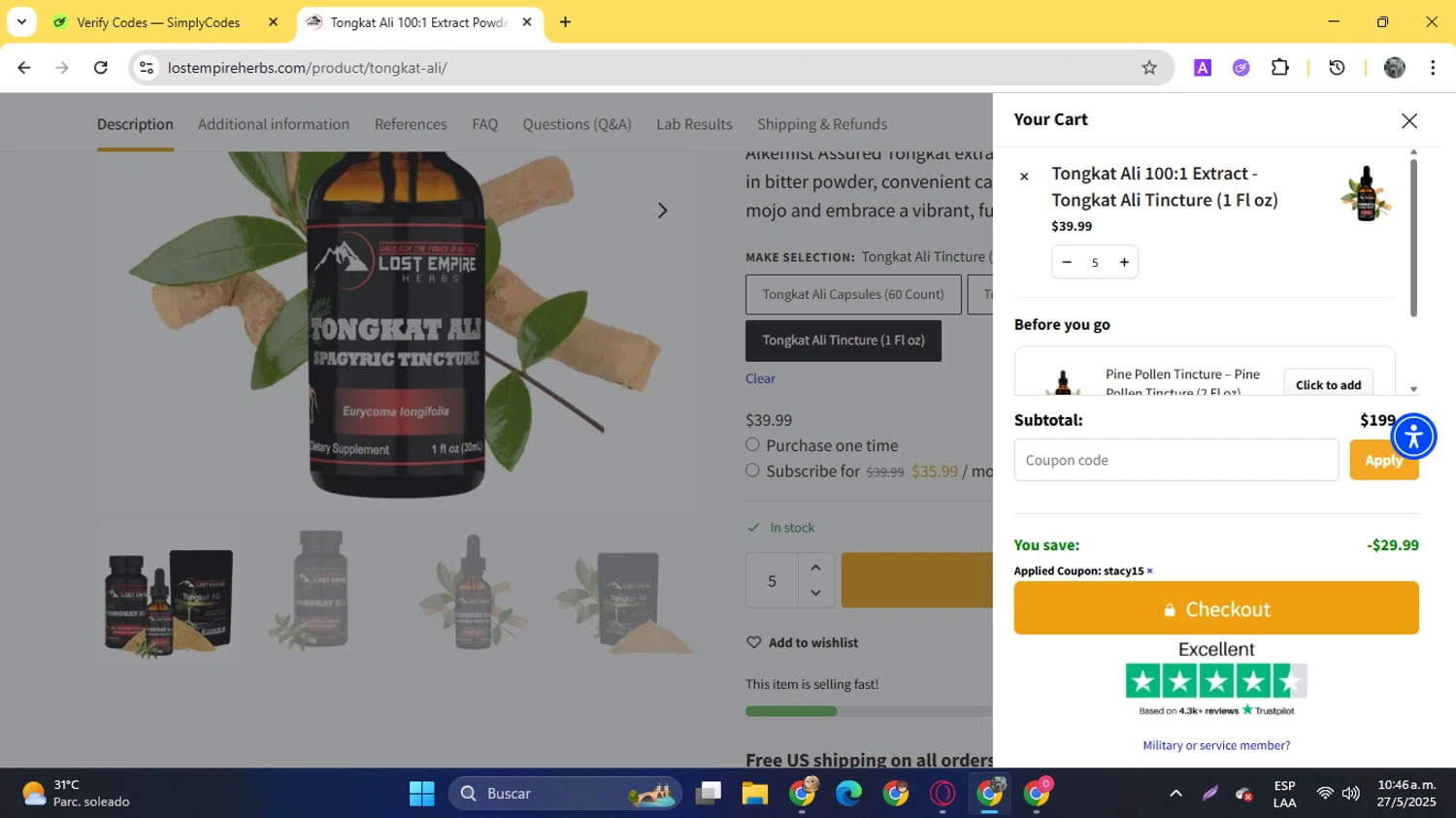 Lost Empire Herbs coupon code screenshot showing code STACY15 applied at Lost Empire Herbs checkout page. Uploaded by SimplyCodes community member YunoMaria on May 27, 2025