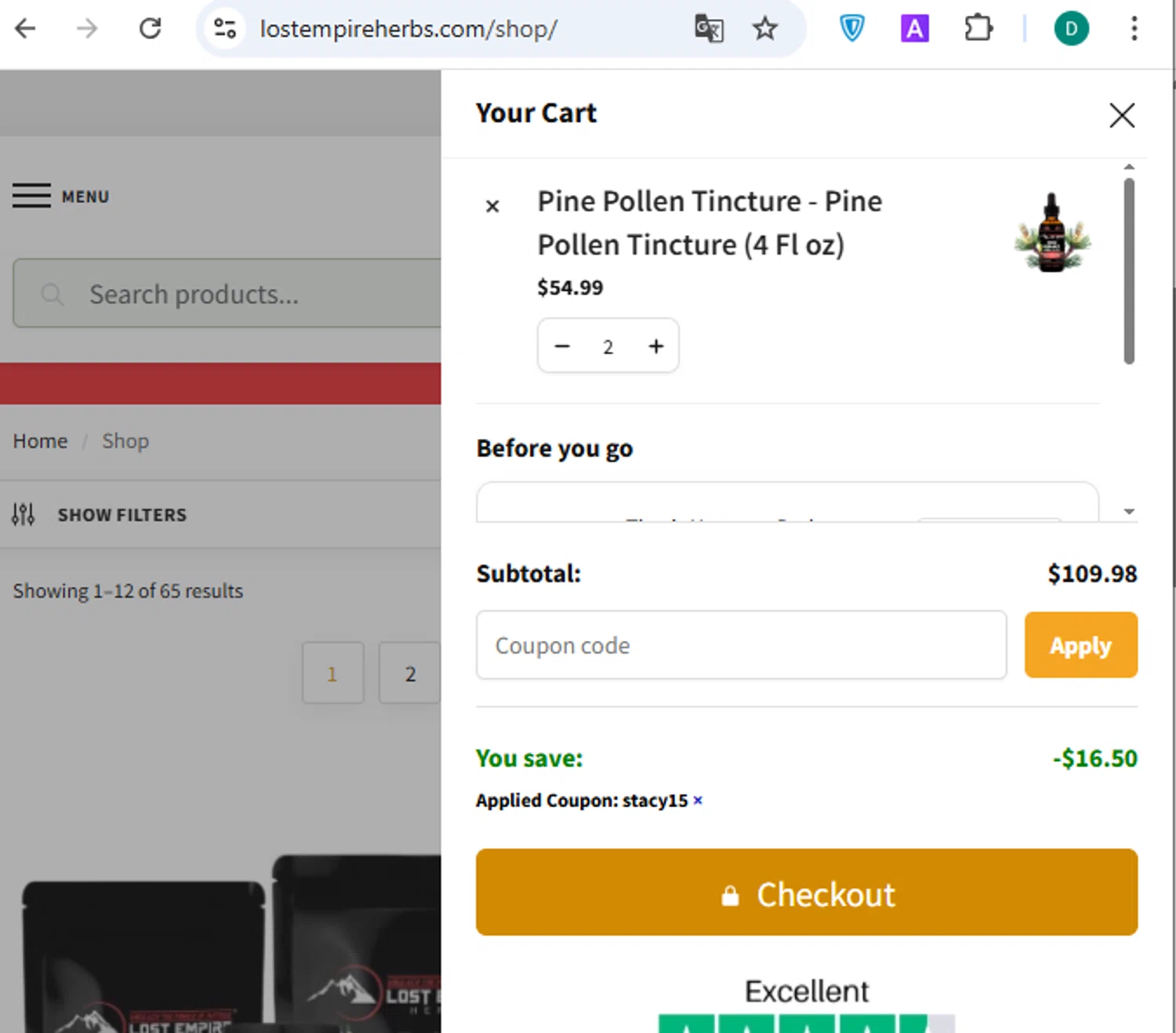 Lost Empire Herbs coupon code screenshot showing code STACY15 applied at Lost Empire Herbs checkout page. Uploaded by SimplyCodes community member danielgonzalez5 on Apr 22, 2025