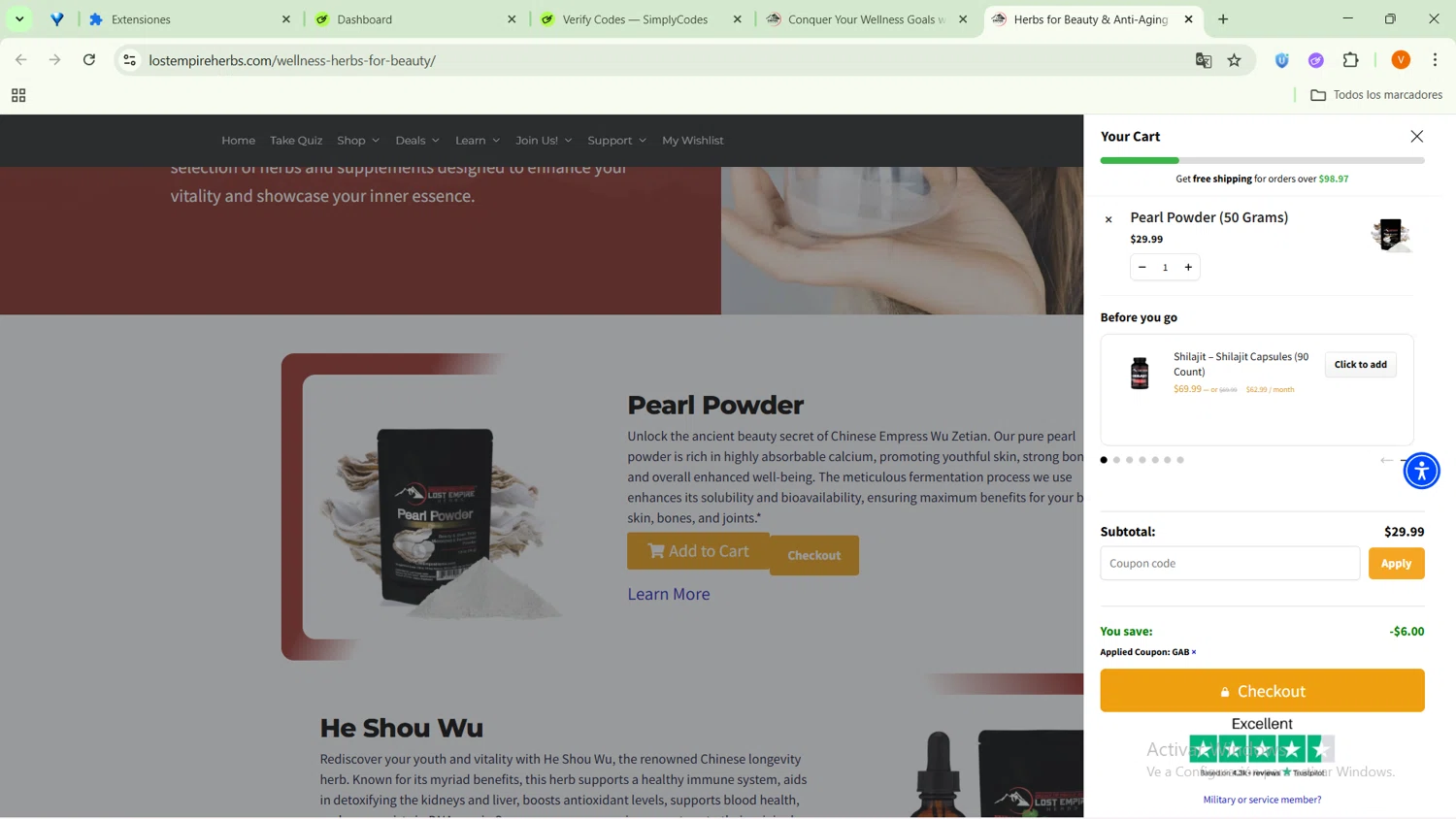 Lost Empire Herbs coupon code screenshot showing code GAB applied at Lost Empire Herbs checkout page. Uploaded by SimplyCodes community member ExtraordinarySaver9637 on Aug 25, 2025