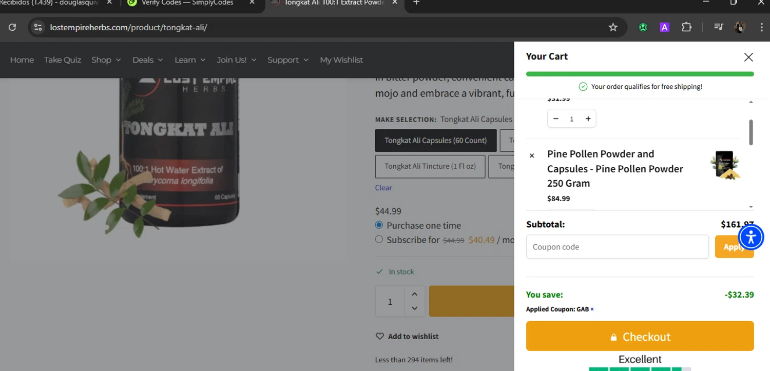 Lost Empire Herbs coupon code screenshot showing code GAB applied at Lost Empire Herbs checkout page. Uploaded by SimplyCodes community member WiseLegend5590 on Jul 27, 2025