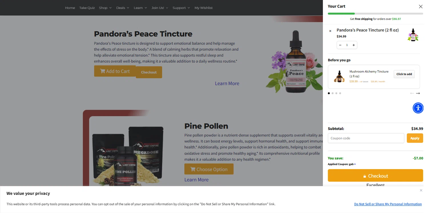 Lost Empire Herbs coupon code screenshot showing code GAB applied at Lost Empire Herbs checkout page. Uploaded by SimplyCodes community member renegul on Sep 23, 2025