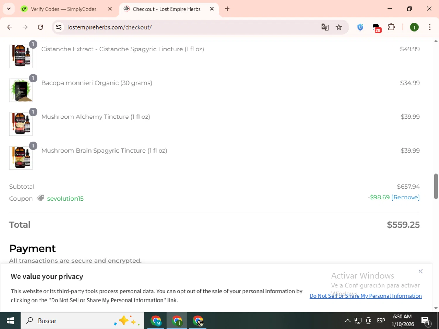 Lost Empire Herbs coupon code screenshot showing code SEvolution15 applied at Lost Empire Herbs checkout page. Uploaded by SimplyCodes community member SavingsCollector2592 on Jan 10, 2026