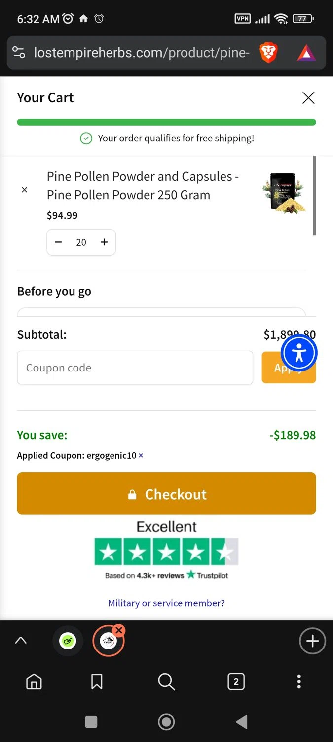 Lost Empire Herbs checkout page showing Lost Empire Herbs coupon code box | Screenshot taken by SimplyCodes community member on Jan 10, 2026