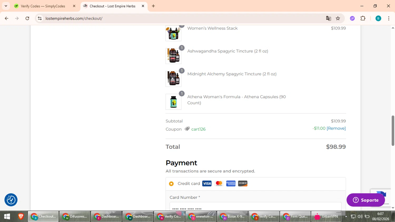 Lost Empire Herbs checkout page showing Lost Empire Herbs coupon code box | Screenshot taken by SimplyCodes community member on Feb 8, 2026