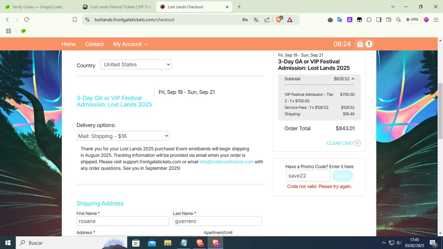 Lost Lands promo code screenshot showing code save22 applied at Lost Lands checkout page. Uploaded by SimplyCodes community member LuckyFox7067 on Feb 3, 2025