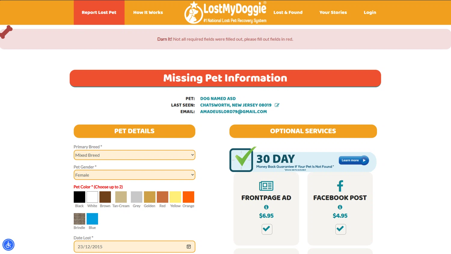 LostMyDoggie.com coupon code screenshot showing code REDTAG applied at LostMyDoggie.com checkout page. Uploaded by SimplyCodes community member MrsPopo on Oct 6, 2025