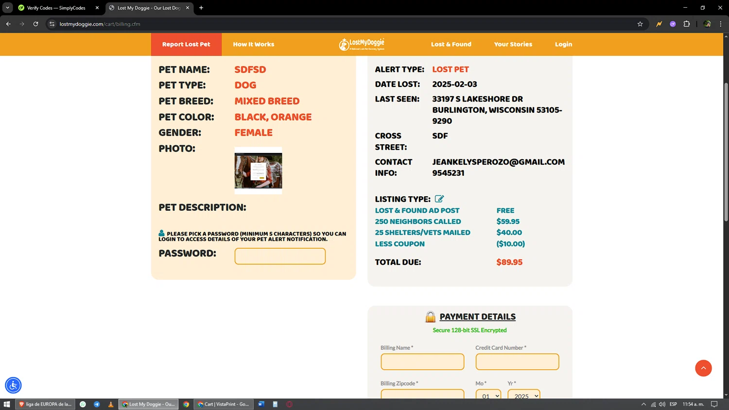 LostMyDoggie.com coupon code screenshot showing code REDTAG applied at LostMyDoggie.com checkout page. Uploaded by SimplyCodes community member yonaiker on Aug 14, 2025