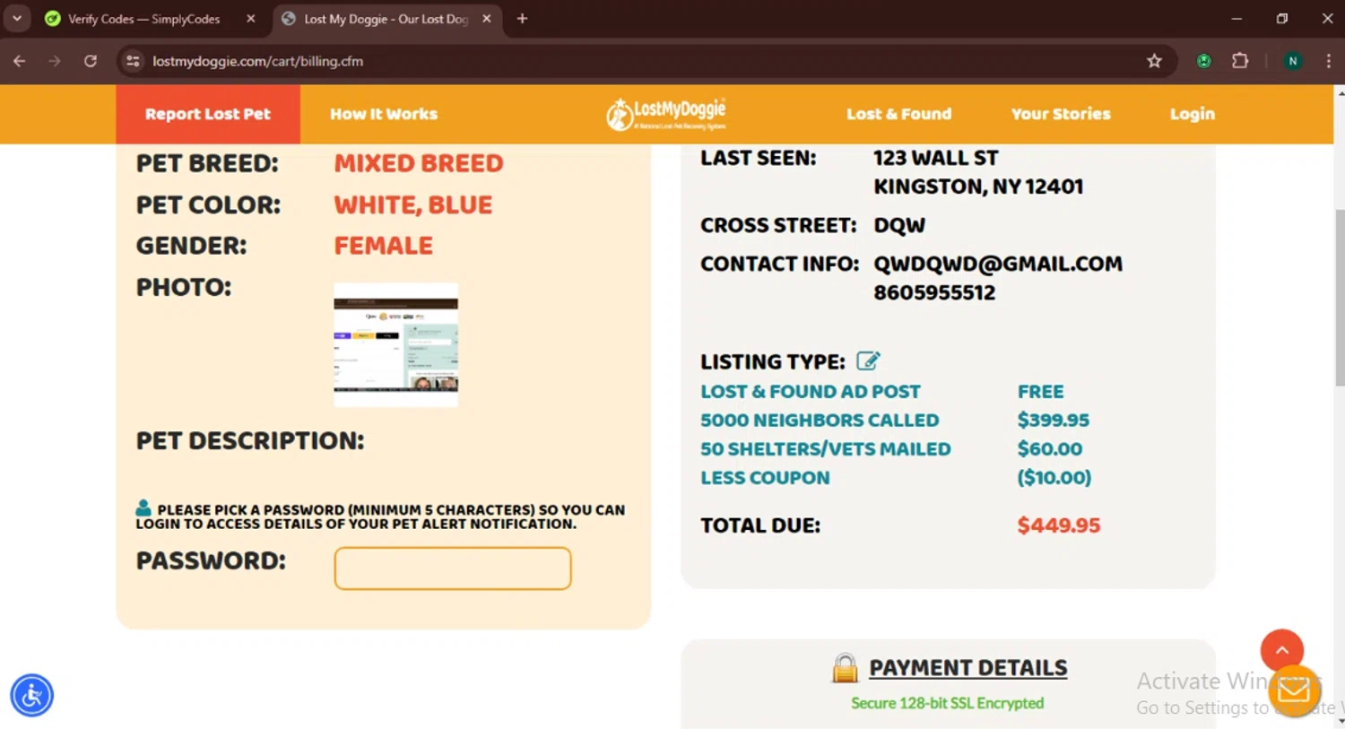 LostMyDoggie.com coupon code screenshot showing code DOGGIE10 applied at LostMyDoggie.com checkout page. Uploaded by SimplyCodes community member Jenni17 on Jan 26, 2025