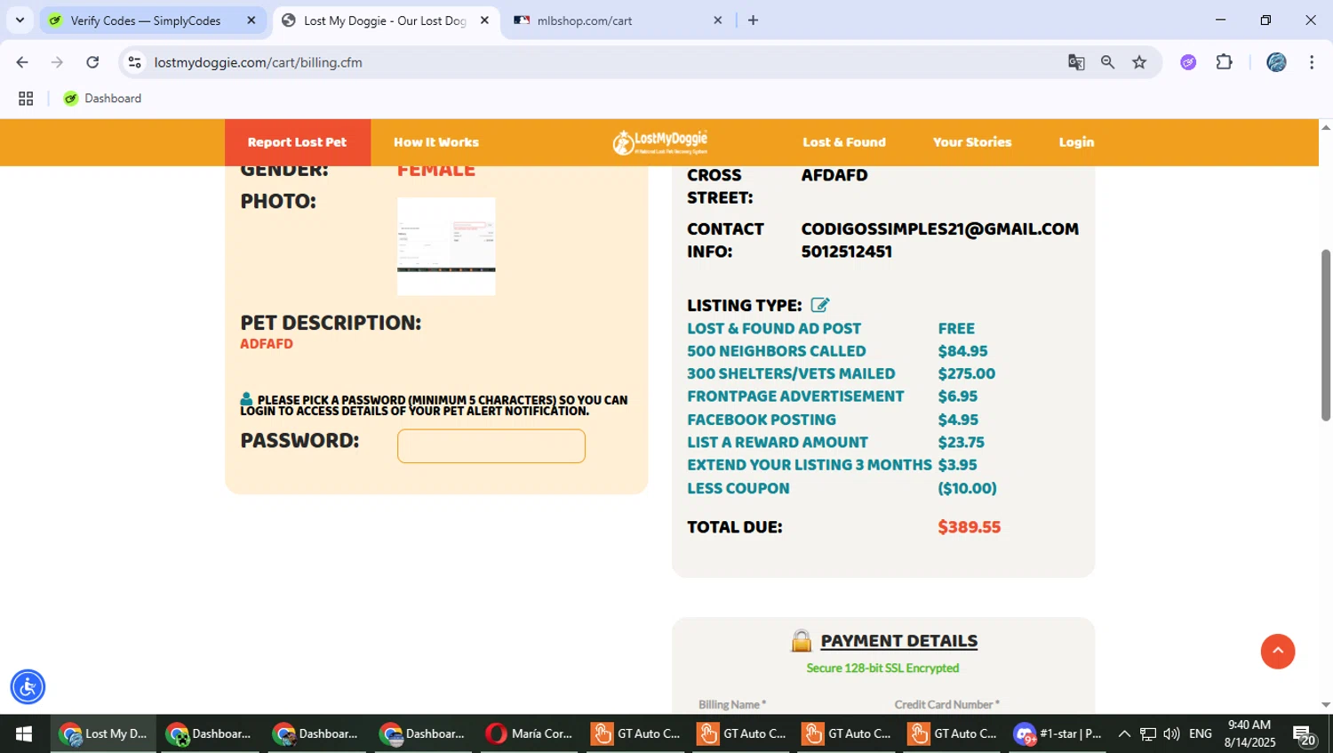 LostMyDoggie.com coupon code screenshot showing code DOGGIE10 applied at LostMyDoggie.com checkout page. Uploaded by SimplyCodes community member Suicune on Aug 14, 2025