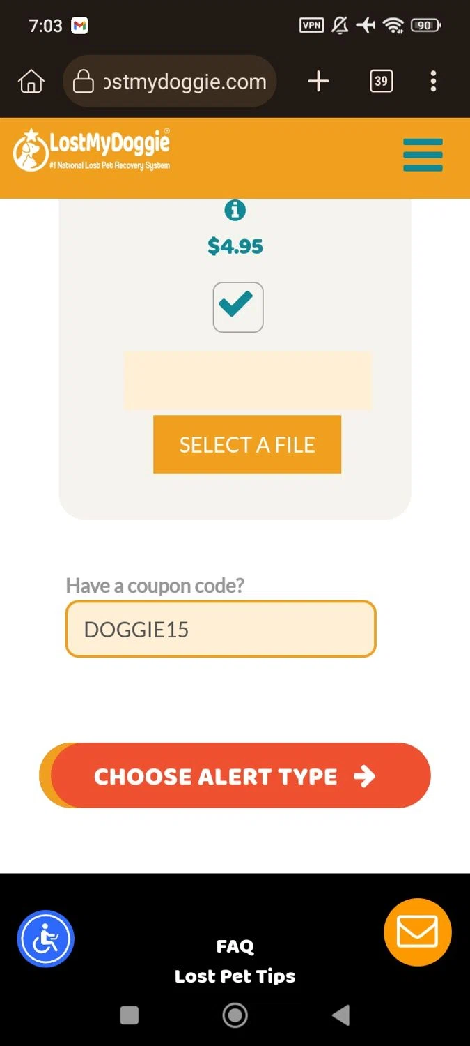 LostMyDoggie.com coupon code screenshot showing code DOGGIE15 applied at LostMyDoggie.com checkout page. Uploaded by SimplyCodes community member RomeoSantos on Feb 16, 2025