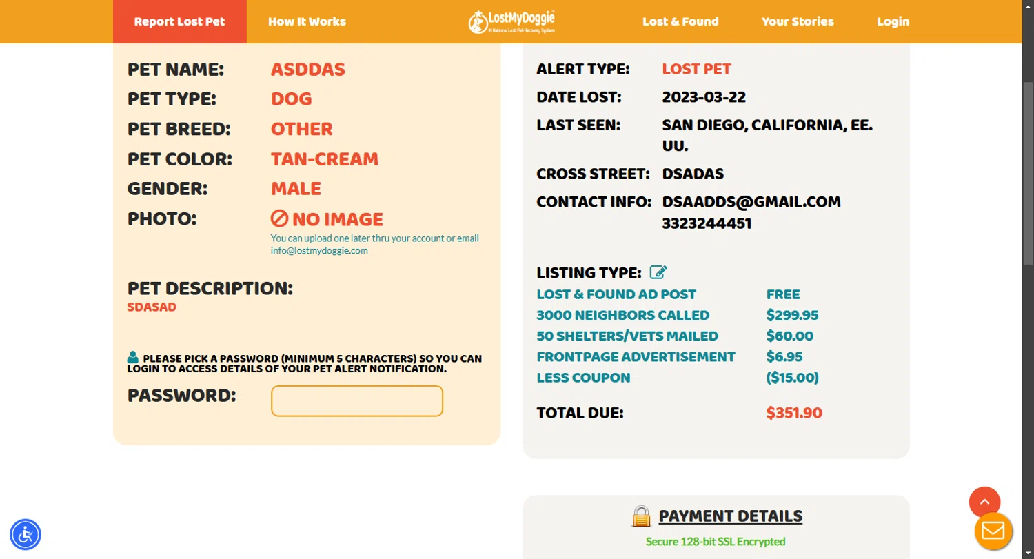 LostMyDoggie.com coupon code screenshot showing code DOGGIE15 applied at LostMyDoggie.com checkout page. Uploaded by SimplyCodes community member Tragedy on Feb 16, 2025