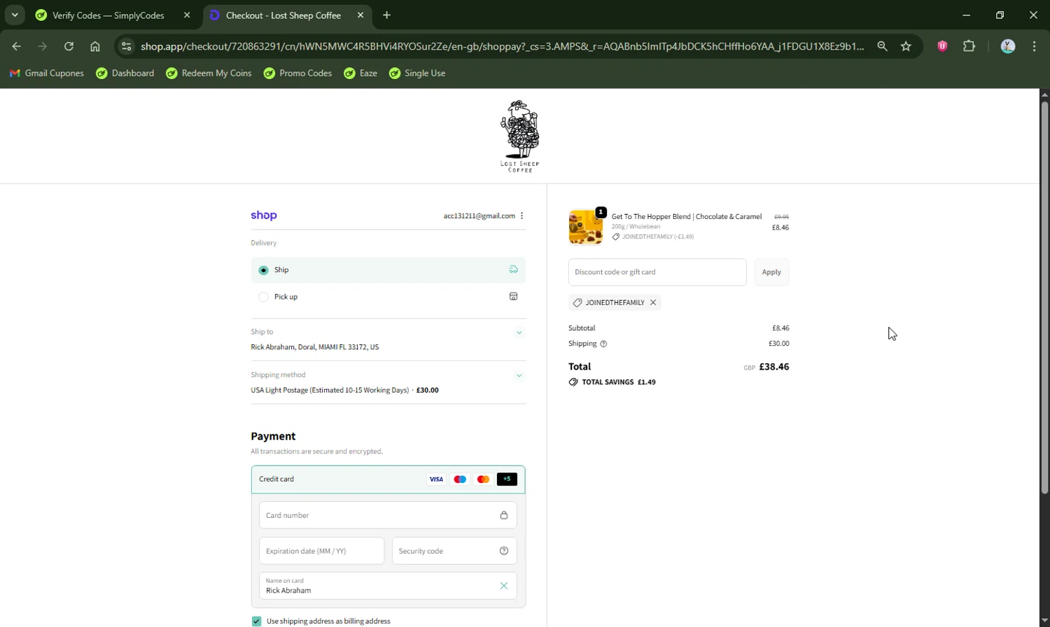 Lost Sheep Coffee discount code screenshot showing code JOINEDTHEFAMILY applied at Lost Sheep Coffee checkout page. Uploaded by SimplyCodes community member LHaunter2 on Nov 16, 2025