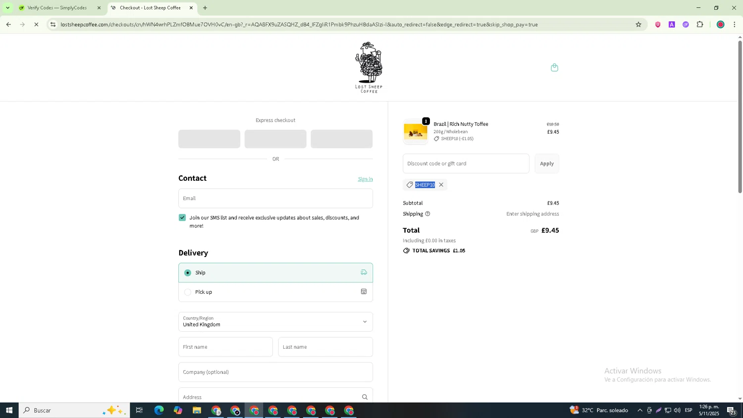 Lost Sheep Coffee discount code screenshot showing code SHEEP10 applied at Lost Sheep Coffee checkout page. Uploaded by SimplyCodes community member Joseph_Davis on Nov 5, 2025