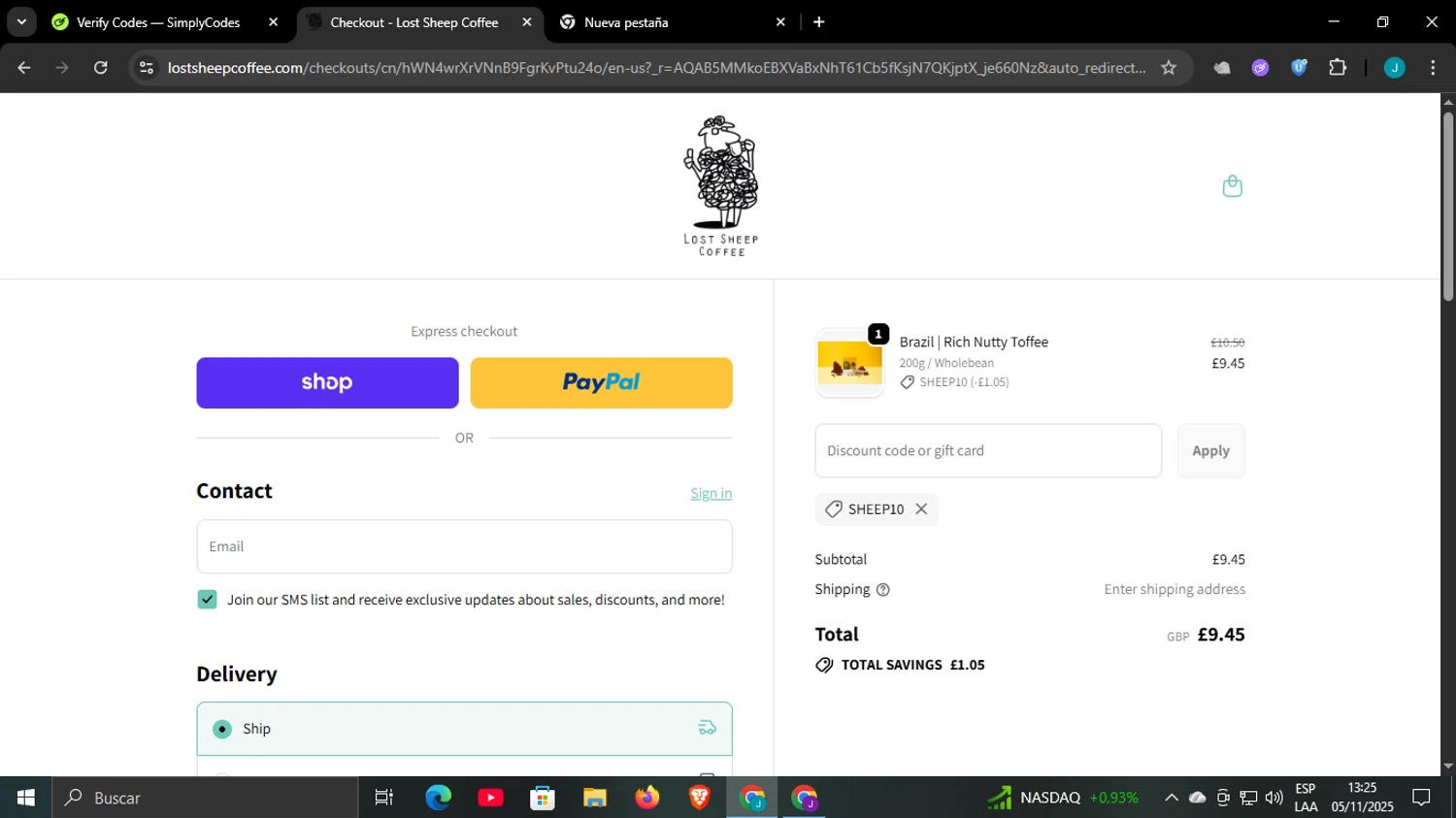 Lost Sheep Coffee discount code screenshot showing code SHEEP10 applied at Lost Sheep Coffee checkout page. Uploaded by SimplyCodes community member WonderCaptain6926 on Nov 5, 2025