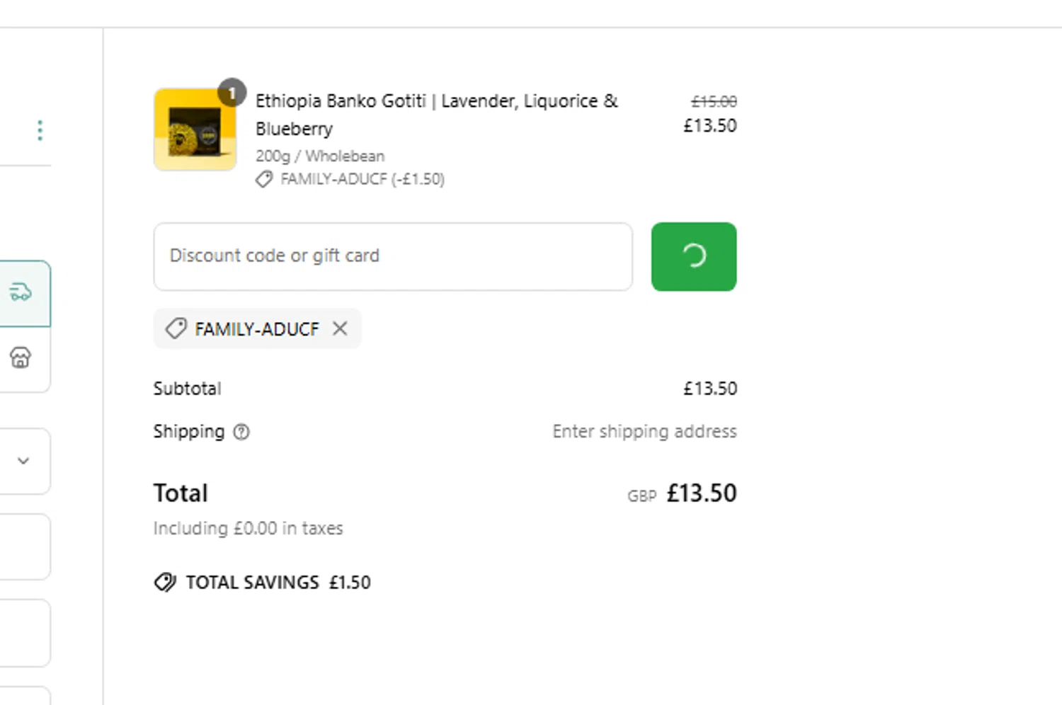 Lost Sheep Coffee discount code screenshot showing code FAMILY-ADUCF applied at Lost Sheep Coffee checkout page. Uploaded by SimplyCodes community member gaaaaaaara on Jun 17, 2025