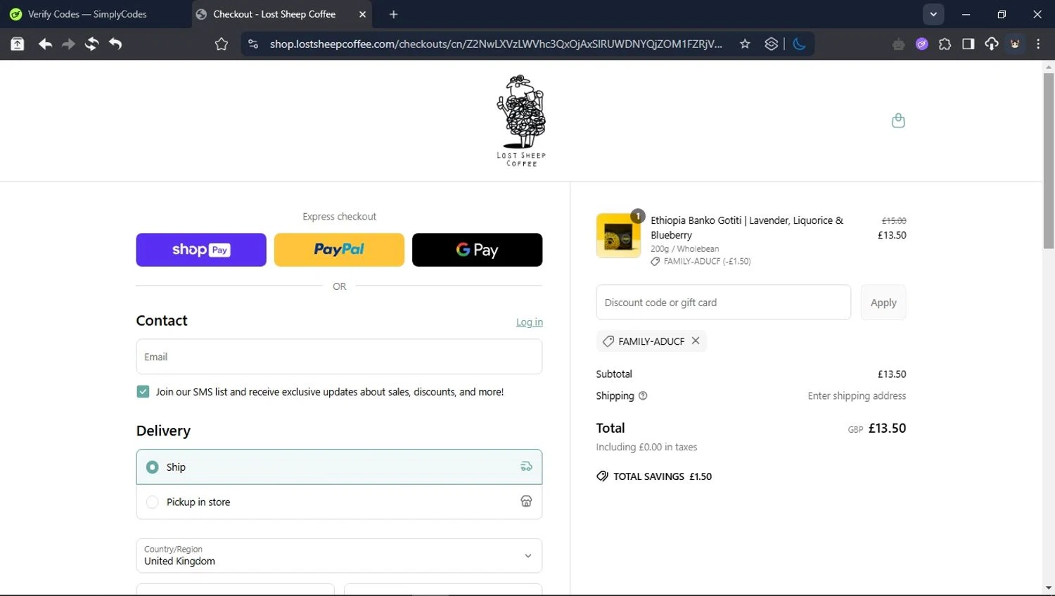Lost Sheep Coffee discount code screenshot showing code FAMILY-ADUCF applied at Lost Sheep Coffee checkout page. Uploaded by SimplyCodes community member User_Randon1 on May 9, 2025